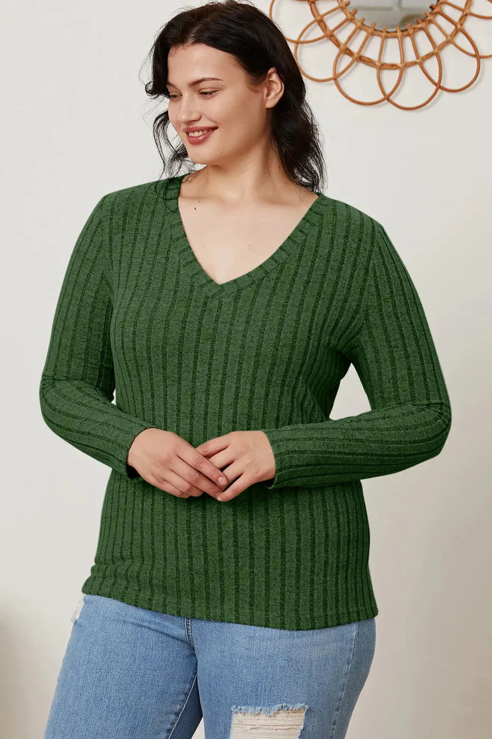 Basic Bae Full Size Ribbed V-Neck Long Sleeve T-Shirt - Love Salve